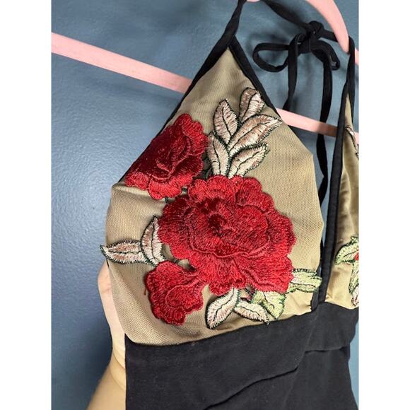 Out from Under Body suit Women's Size S Sheer Halter top Embroidery Open Back - Picture 3 of 10